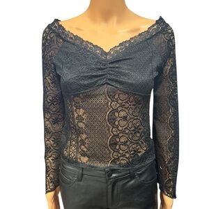 GOOD LUCK GEM Delicate Lace Long Sleeve Semi Sheer Black Blouse NWT Medium